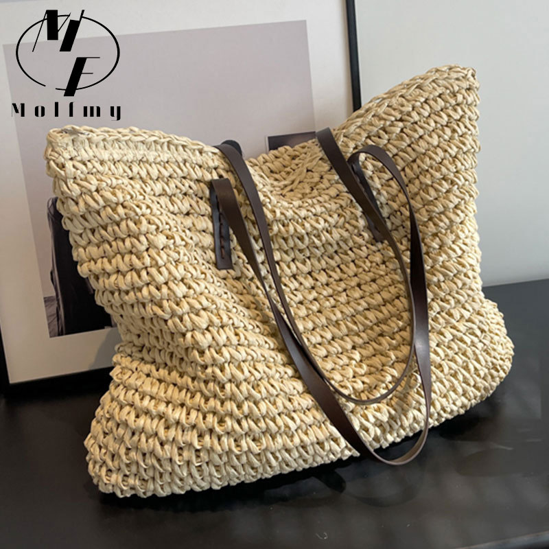 Luxury Tote Bags With Zipper - Strooien geweven draagtassen, casual, grote luxe